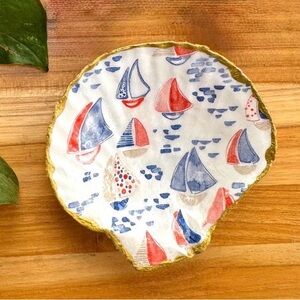 Sailboat Scallop Shell Trinket Dish Ring Holder Beach Home Decor Jewelry Holder